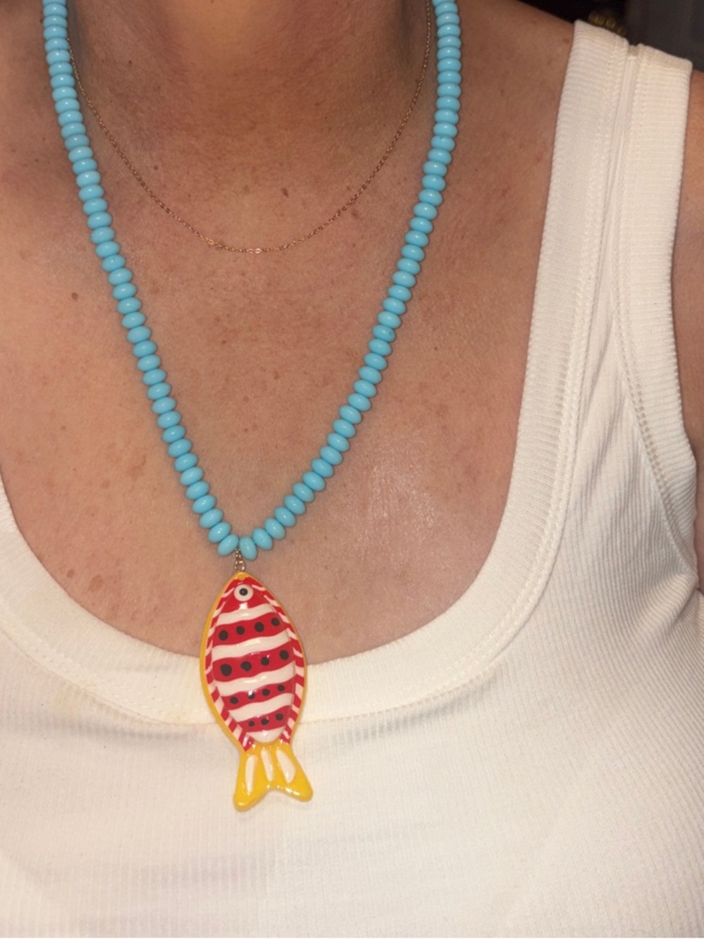 Handmade Blue Beaded Necklace with Red & Yellow Fish Pendant